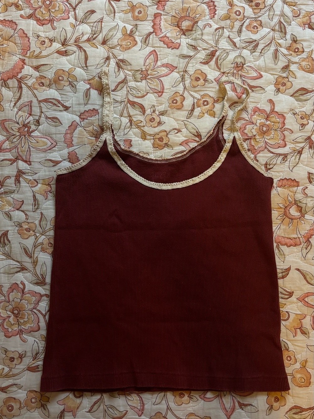 Brandy Melville Burgundy Ribbed Tank with Cream Lace Trim